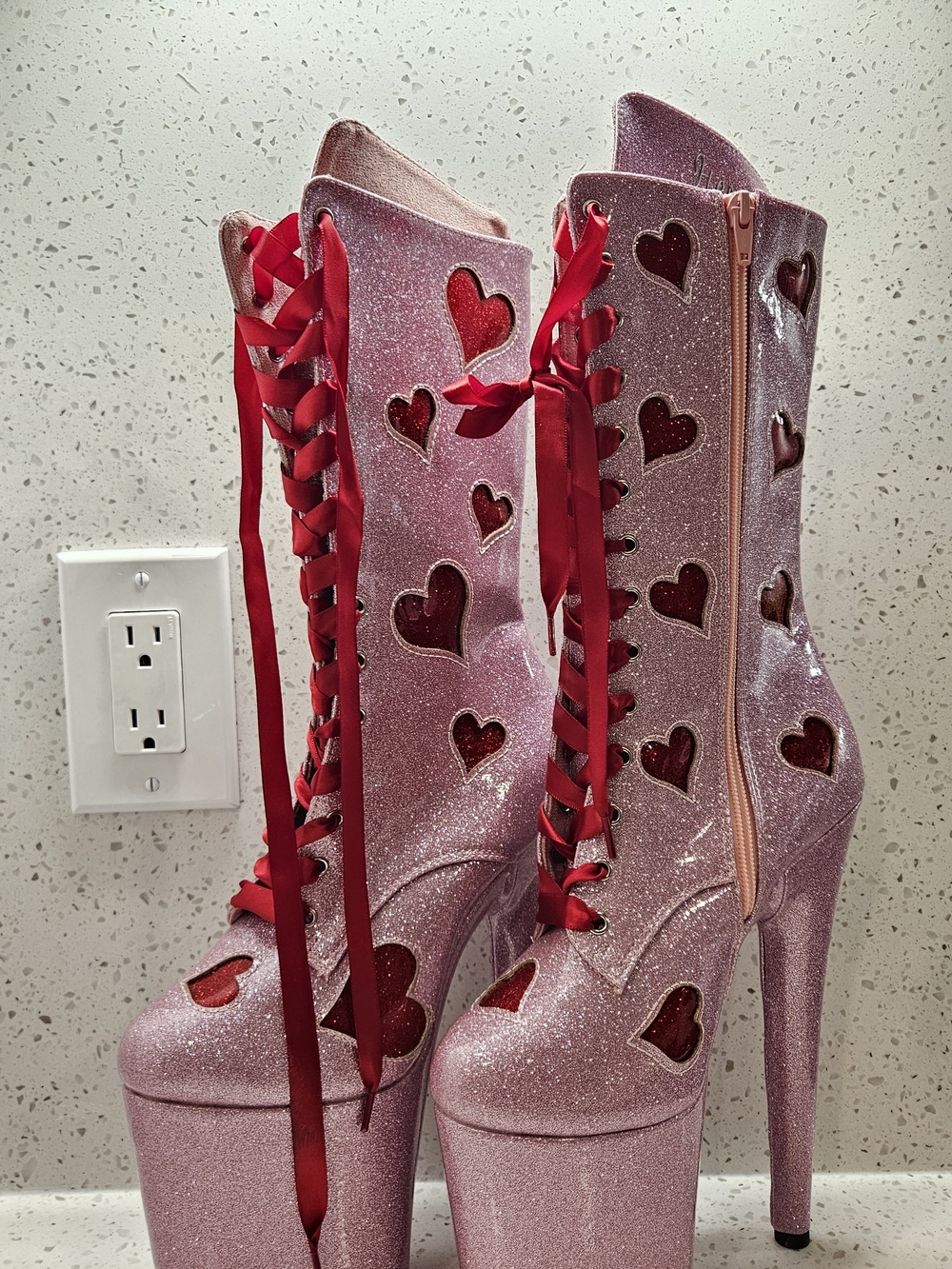 Pink Glitter Heart Lace-Up Platform Heeled Boots - Warn Once